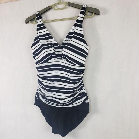 One Piece Swimsuit Womens 12 Black White Striped Tummy Control D Cup Ruched - Picture 4 of 13